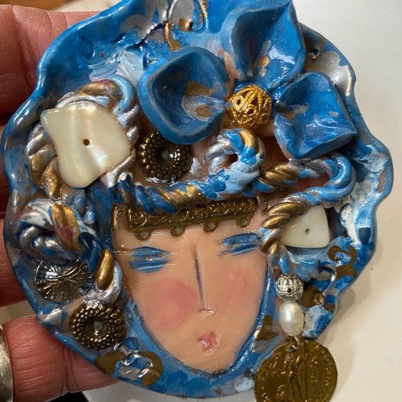 Hand-Made Jeweled Blue Lady Pin - w/ Gold - Picture 2 of 15